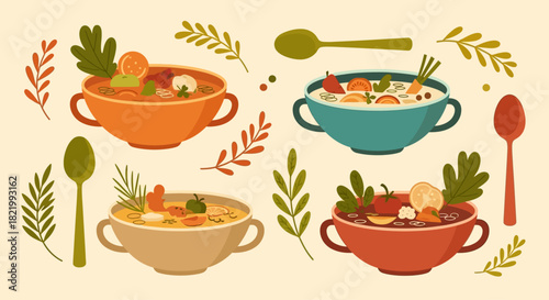 Delicious and hearty bowls of soup, accompanied by scattered autumn leaves and sprigs, evoke a sense of warmth and comfort