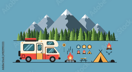 Vector illustration of a mobile home, camping equipment, and mountain scenery, perfect for travel and outdoor adventure themes