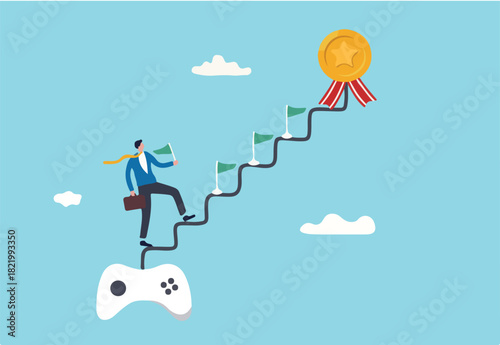 Gamification, business or marketing strategy using game challenge, achievement to engage with customer, winning motivation, joyful businessman walk up stair from gaming joystick to achieve target.