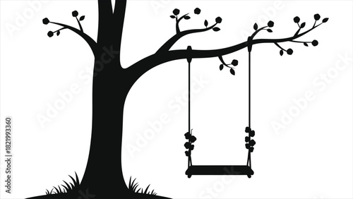 Black Silhouette Vector of a Tree Swing with Blossoms Hanging from a Branch - Perfect Spring Season Icon and Minimalist Design Element