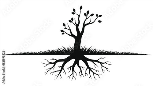 Spring Season Tree with Roots & New Sprout Growth Silhouette Vector - Nature Rebirth, Botanical Renewal Concept, Minimalist Black and White Eco Illustration for Sustainability, Gardening, Branding