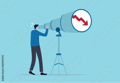 Stock market forecast downfall, vision to see future economic crisis or market crash concept, panic businessman investor look through telescope to see stock market red downward bearish graph