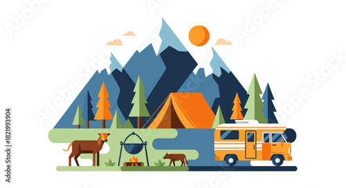 Vibrant Flat Illustration of a Mountainous Campsite with a Camper Van, Tent, Campfire, and Deer