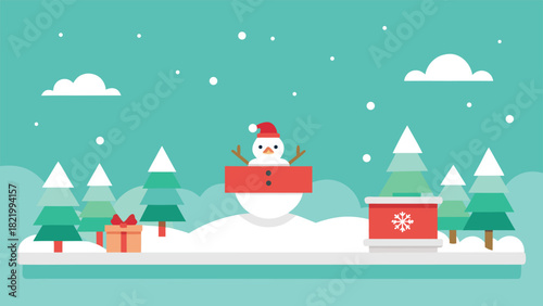 Santa Claus stands cheerfully in the snow, surrounded by a festive Christmas background of trees and twinkling lights..eps