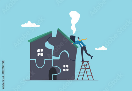 Plan to buying new house or renovation, mortgage loan or housing expense, property maintenance or real estate insurance concept, smart businessman put jigsaw to complete or finishing house puzzle. 