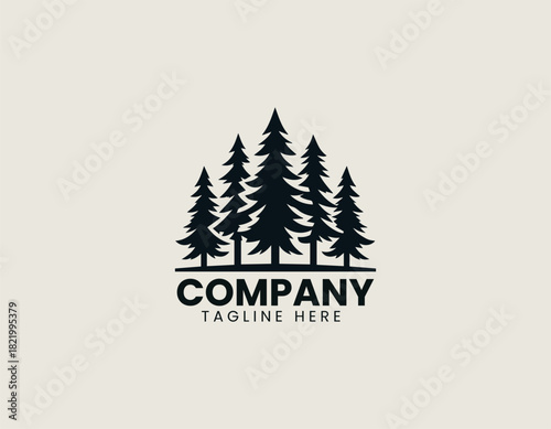 Rugged timber pine trees forming bold natural forest silhouette in clean black vector logo