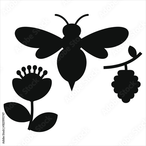 Spring vector illustration of a honey bee hovering around flower and hanging beehive, pollination and nature concept, black silhouette icon, minimal design, isolated on white for logos, prints, themes