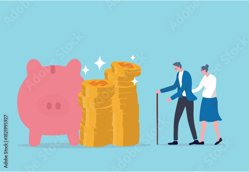 Retirement mutual fund, 401k or Roth IRA savings for happy life after retire and financial freedom concept, rich senior couple elderly man and woman stand with stacked of dollar coins pink piggy bank.