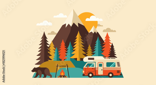 Illustration of a camper van and a bear in a mountain landscape with trees and a campfire
