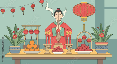 Traditional Chinese New Year Altar with Offerings and Lanterns