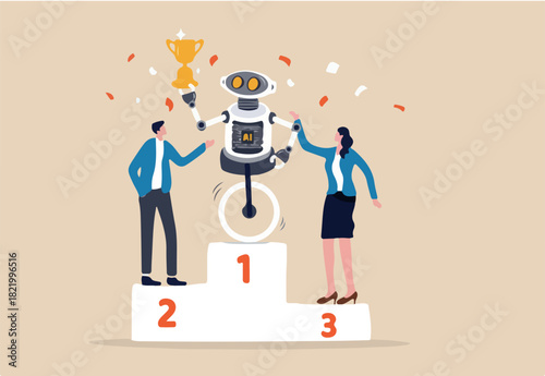 Robot Artificial intelligence winning, working together with AI, innovation to help success, AI to replace people in office work, AI robot winning holding champion trophy with human competition.