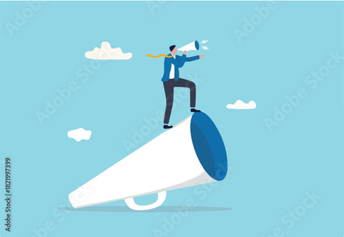 Leader communication, executive management skill to communicate with employee, send important message or announcement concept, businessman leader standing on big megaphone giving speech to public.
