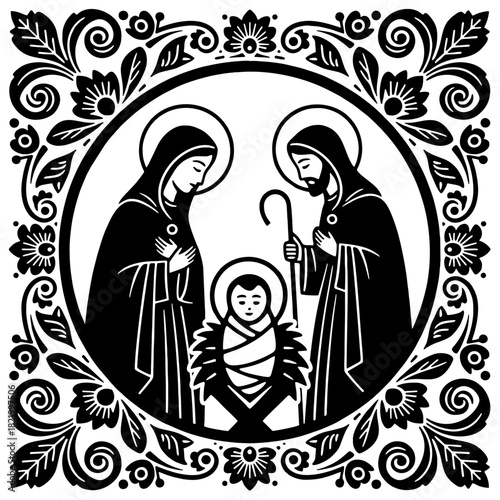 Holy Family Nativity Icon – Black and White Religious Christmas Vector with Ornamental Floral Frame