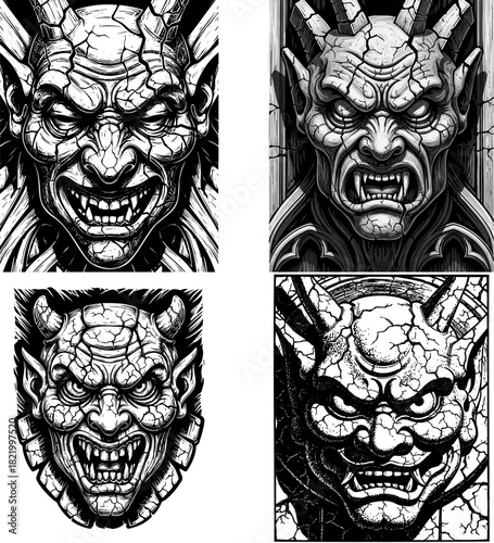 Scary Demon Face Illustrations, Horror Gargoyle Tattoo Art