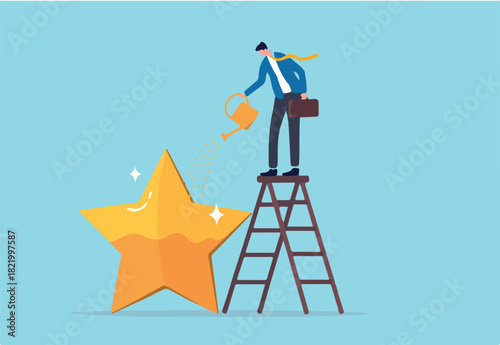 Ambition or motivation to success or being excellence, aspiration and effort to improve, growing and best performance concept, ambitious businessman fill in golden star price metaphor of success