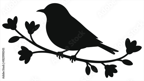 Spring bird silhouette on blooming tree branch vector illustration, black songbird perched on floral twig, springtime nature design, minimalist bird clipart, blossom branch artwork on white