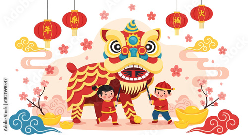 Happy Chinese New Year Celebration with Lion Dance and Festive Decorations