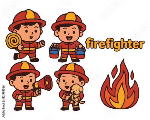 Cartoon illustration set of a funny fireman character with a fire extinguisher putting out a fire for children