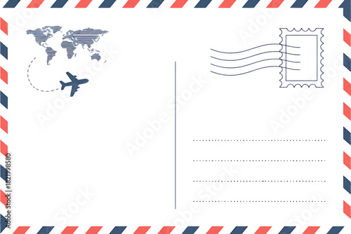Blank Postcard Template with Airplane World Map and Stamp Ready for Travel Messages and Greetings
