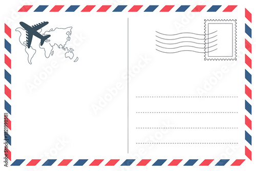 Vintage Airmail Postcard Template with Airplane World Map and Stamp Design for Travel Greetings