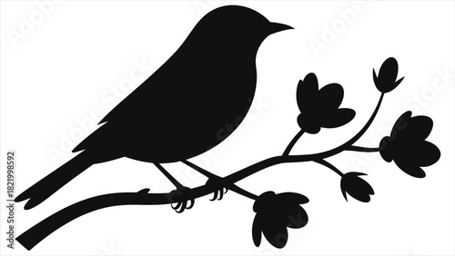 Elegant Spring Bird Silhouette Vector Illustration. Black icon of a small singing bird perched on a flowering branch. Minimalist graphic element for nature, wildlife, decoration, and logo design