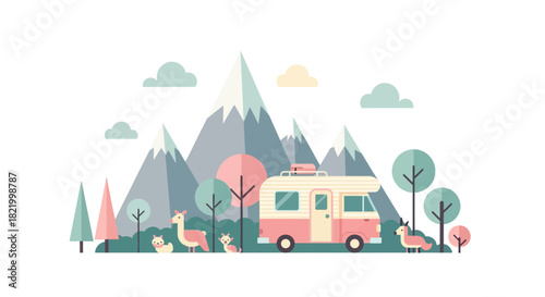 Vector illustration of a scenic mountain landscape featuring a retro camper van, trees, and stylized animals, perfect for travel and outdoor themes