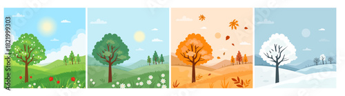 Four Seasons Landscape. Spring, Summer, Autumn and Winter Nature Set. Seasonal Time. Isolated flat Square poster background. Vector illustration. Not AI