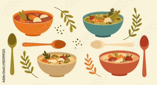 A vibrant illustration featuring a collection of delicious soups in bowls, garnished with herbs and spices, accompanied by spoons and decorative leaves, showcasing a culinary delight