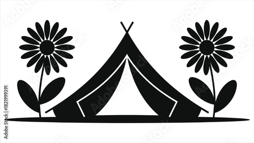 Spring Camping Tent in Wildflower Field, Vector Illustration for Outdoor Adventure, Nature Getaway, Picnic Scene, Seasonal Travel, Black Silhouette Design, Minimalist Campsite Art