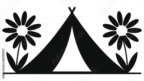 Minimalist Black Silhouette Vector: Spring Camping Tent in Wildflower Field – Boho Outdoor Wilderness Camp Scene, Nature Adventure Graphic for Spring Travel, Hiking, Seasonal Design & Print Projects