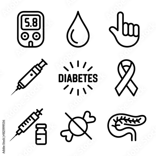 Diabetes awareness line icons depicting blood sugar monitoring insulin injection and healthy lifestyle choices for health and wellness education