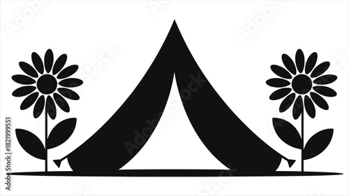 Camping tent with wildflowers silhouette vector icon. Minimalist spring nature scene. Simple flat graphic for outdoor adventure, travel, hiking, and summer vacation. Isolated on white background
