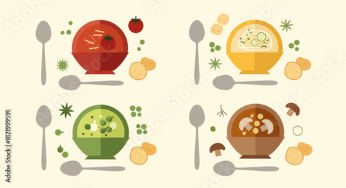 Collection of four different colorful bowls of soup with spoons and garnishes, flat illustration