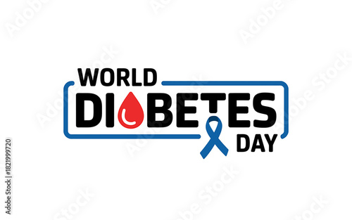 World Diabetes Day awareness illustration with red blood drop and blue ribbon symbol for diabetes prevention campaigns