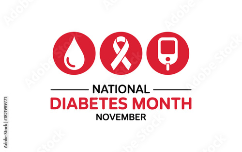 National Diabetes Month awareness graphic featuring blood drop ribbon and glucose meter icons for health campaigns and awareness events in November
