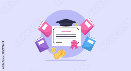 Illustration of graduation cap, diploma, books, and coins symbolizing academic achievement and financial rewards
