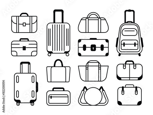 A collection of various types of luggage bags in outline style