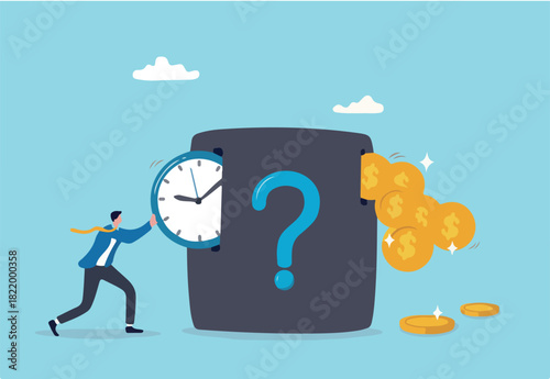 Time investment to make money, side hustle or revenue income, long term investment, pension or mutual fund, time value of money concept, businessman investor push clock in return of money coins.