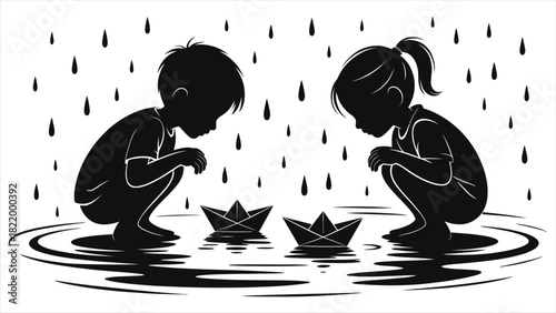 Silhouette children playing with paper boats in spring rain puddles vector illustration – childhood nostalgia, rainy day fun, outdoor play, black and white clip art, seasonal kids activity background