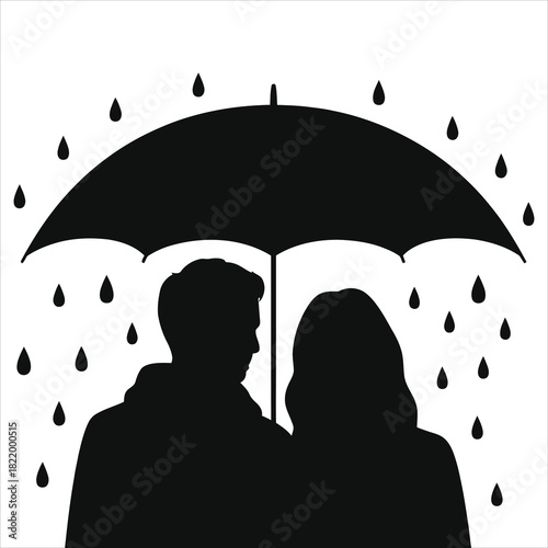 Romantic couple under umbrella in light spring rain silhouette vector illustration, love and protection concept, man and woman in rainy weather minimal black and white design for Valentine and wedding