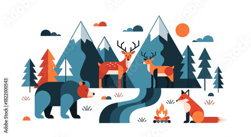 A whimsical forest scene featuring various animals, mountains, trees, and a campfire, perfect for nature and wildlife themes