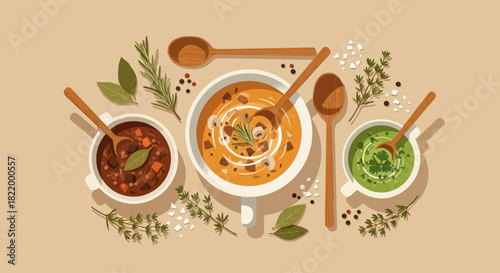 A variety of delicious and healthy soups displayed elegantly with fresh herbs and spices, perfect for a comforting meal