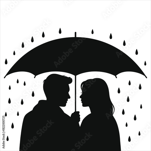 Romantic Couple Silhouette Under Umbrella in Light Spring Rain Vector Art, Black & White Minimalist Illustration, Love Romance Rainy Season Scene, Valentine Anniversary Relationship Graphic for Cards,