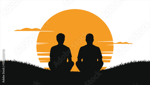 Romantic Spring Sunset Vector – Silhouette of Couple Sitting Together on Meadow Grass, Peaceful Nature Landscape Illustration for Love, Relationship, Wellness or Meditation Concepts