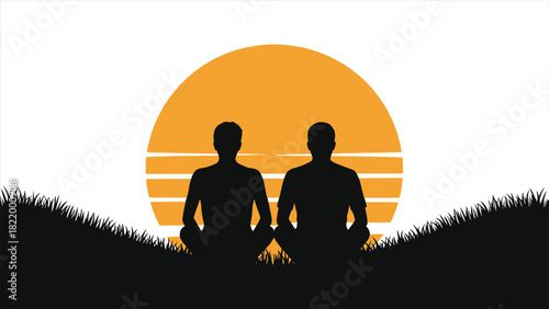 Silhouette of a couple meditating in a meadow at sunset. Vector illustration of two people sitting on a grassy hill enjoying a peaceful spring evening. Concept of love, peace, and mindfulness.