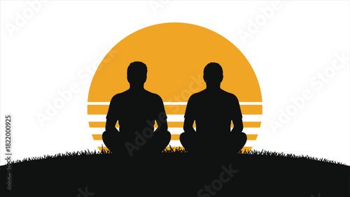 Spring Meadow Sunset Couple Silhouette Vector: Two People Sitting in Grass Field at Golden Hour, Peaceful Romantic Evening, Calm Nature Landscape, Minimalist Illustration for Cards, Wall Art
