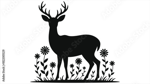 Elegant deer silhouette standing among spring wildflowers. Black and white vector illustration of a buck with antlers in a floral meadow. Nature wildlife graphic design element for decoration