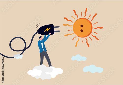Solar sunlight energy, ecology natural power and energy to save the world concept, engineer solar technology worker holding electric plug to plug into the sun idea to get sustainable electricity