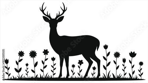 Spring Deer Vector, Wildflowers & Blooming Meadow Illustration. Graceful Fawn in Nature. Wildlife Animal Art