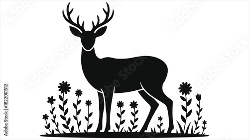 Spring woodland scene vector illustration, stylized deer stag standing peacefully among vibrant wildflowers, nature landscape banner, seasonal design element